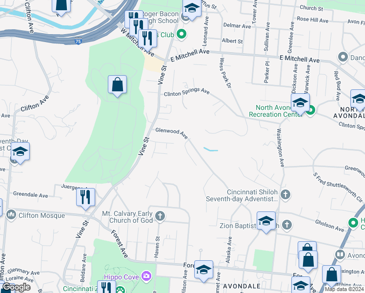 map of restaurants, bars, coffee shops, grocery stores, and more near 114 Glenridge Place in Cincinnati