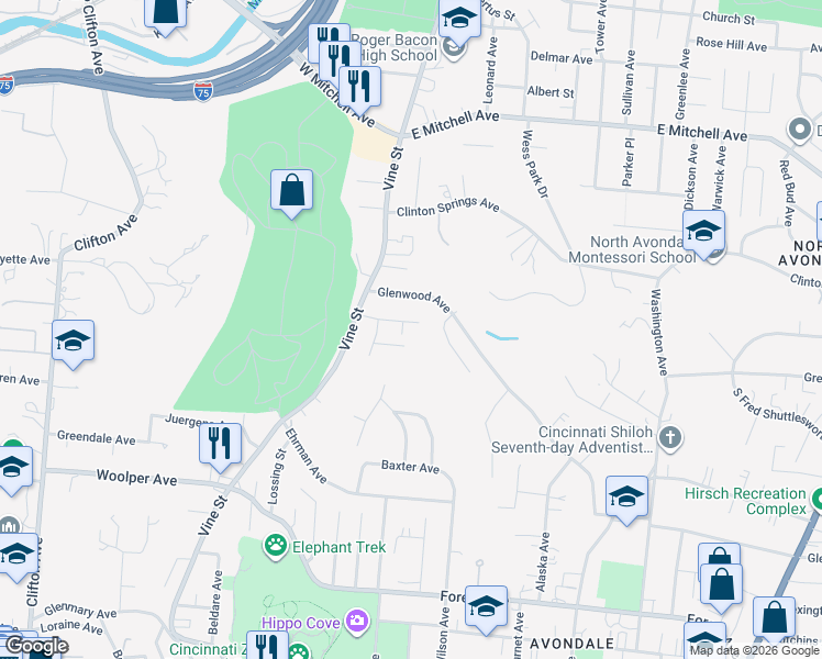 map of restaurants, bars, coffee shops, grocery stores, and more near 33 Glen Este Place in Cincinnati