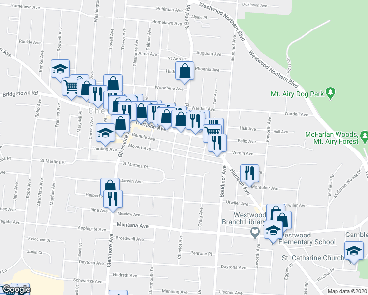 map of restaurants, bars, coffee shops, grocery stores, and more near 3323 Gamble Avenue in Cincinnati