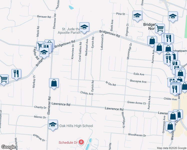 map of restaurants, bars, coffee shops, grocery stores, and more near 3571 Lakewood Drive in Cincinnati
