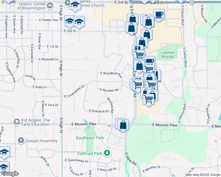 map of restaurants, bars, coffee shops, grocery stores, and more near 2301-2513 E Rechter Rd in Bloomington