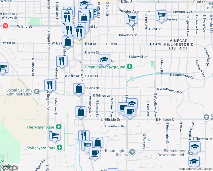 map of restaurants, bars, coffee shops, grocery stores, and more near 1022-1026 South Grant Street in Bloomington