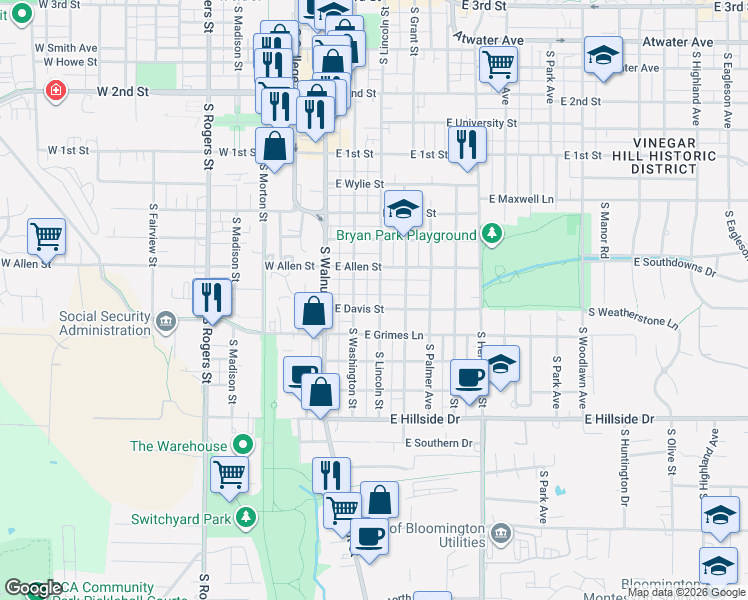 map of restaurants, bars, coffee shops, grocery stores, and more near 1011 South Washington Street in Bloomington