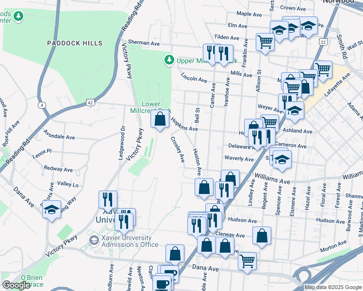map of restaurants, bars, coffee shops, grocery stores, and more near 4042 Crosley Avenue in Cincinnati