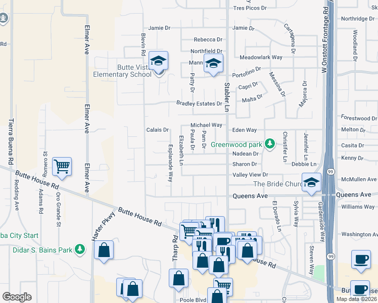 map of restaurants, bars, coffee shops, grocery stores, and more near 1691 Nadean Drive in Yuba City