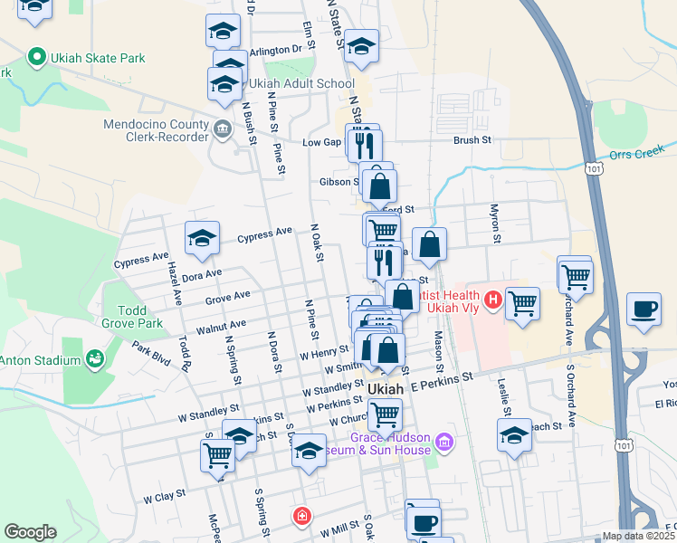 map of restaurants, bars, coffee shops, grocery stores, and more near 550 North School Street in Ukiah