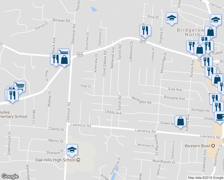 map of restaurants, bars, coffee shops, grocery stores, and more near 3570 Neiheisel Avenue in Cincinnati