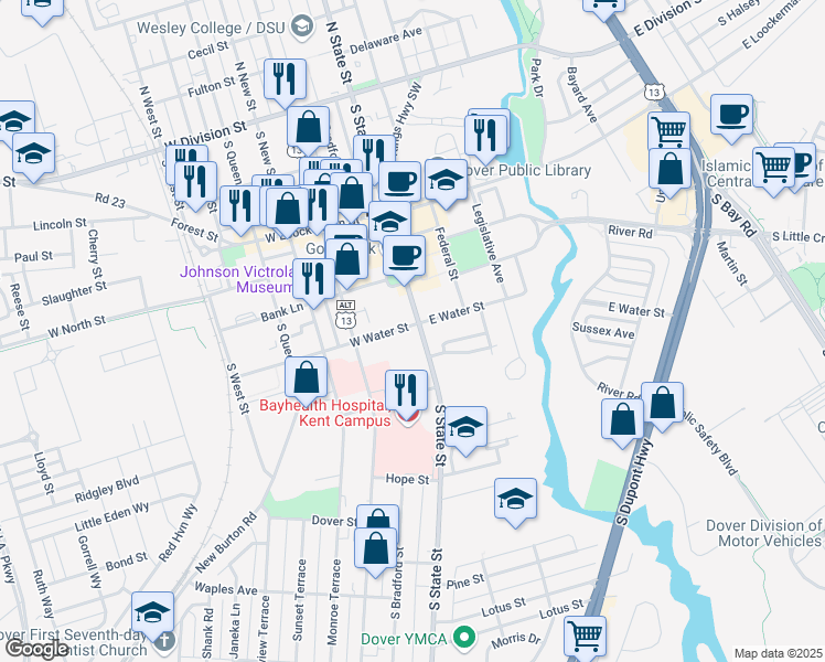 map of restaurants, bars, coffee shops, grocery stores, and more near 100 West Water Street in Dover
