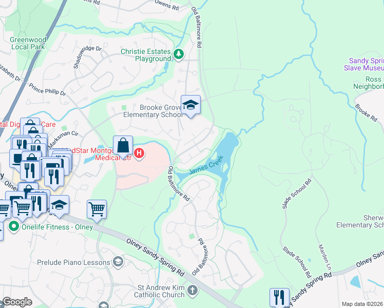 map of restaurants, bars, coffee shops, grocery stores, and more near 3 Winter Garden Court in Olney