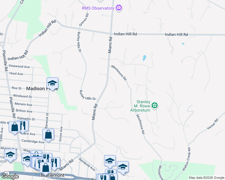 map of restaurants, bars, coffee shops, grocery stores, and more near 4735 Hilltop Lane in Cincinnati