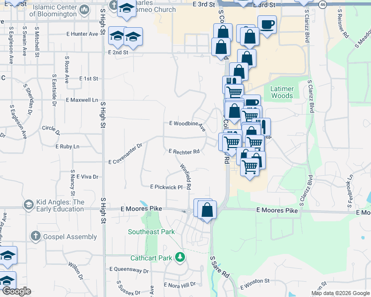 map of restaurants, bars, coffee shops, grocery stores, and more near 2301-2513 E Rechter Rd in Bloomington