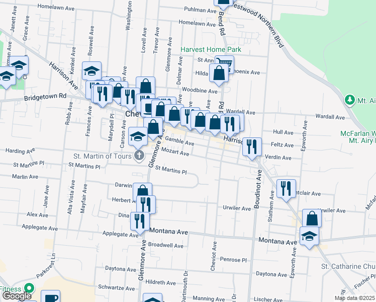map of restaurants, bars, coffee shops, grocery stores, and more near 3536 Mozart Avenue in Cincinnati