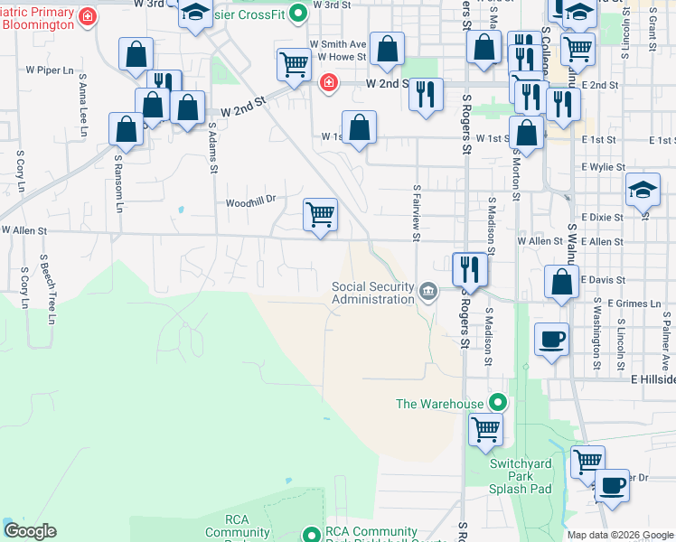 map of restaurants, bars, coffee shops, grocery stores, and more near 1100 Strong Drive in Bloomington