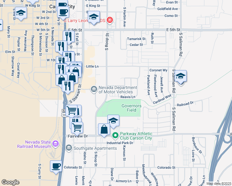 map of restaurants, bars, coffee shops, grocery stores, and more near 1261 Fonterra Way in Carson City