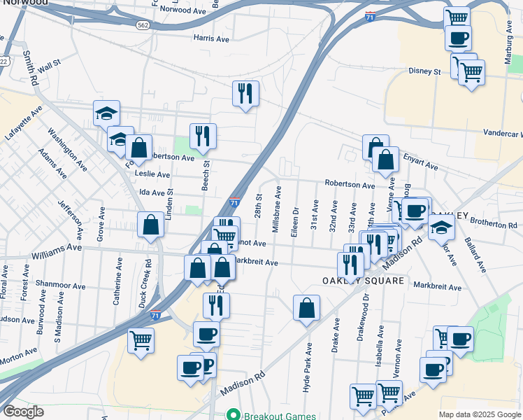 map of restaurants, bars, coffee shops, grocery stores, and more near 4220 28th Street in Cincinnati