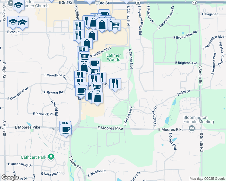 map of restaurants, bars, coffee shops, grocery stores, and more near 3165 East Covenanter Drive in Bloomington