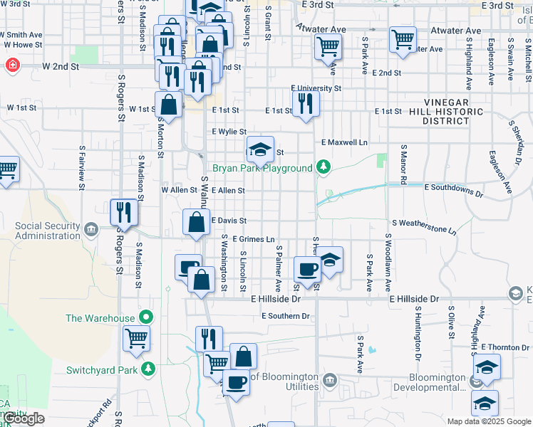 map of restaurants, bars, coffee shops, grocery stores, and more near 1022-1026 South Grant Street in Bloomington