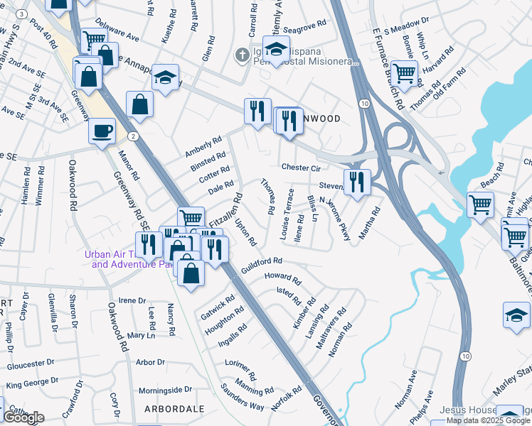 map of restaurants, bars, coffee shops, grocery stores, and more near 1033 Thomas Road in Glen Burnie