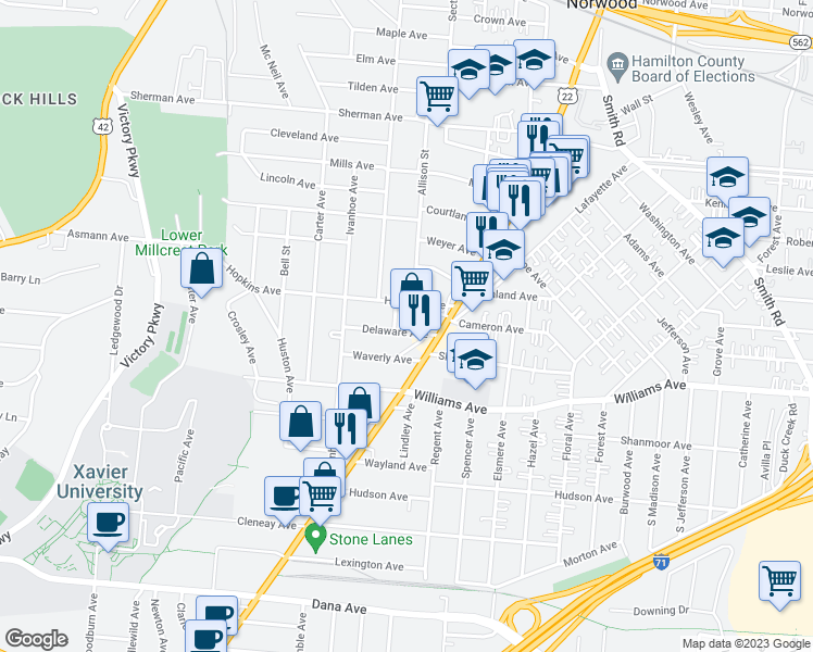map of restaurants, bars, coffee shops, grocery stores, and more near 2010 Delaware Avenue in Cincinnati