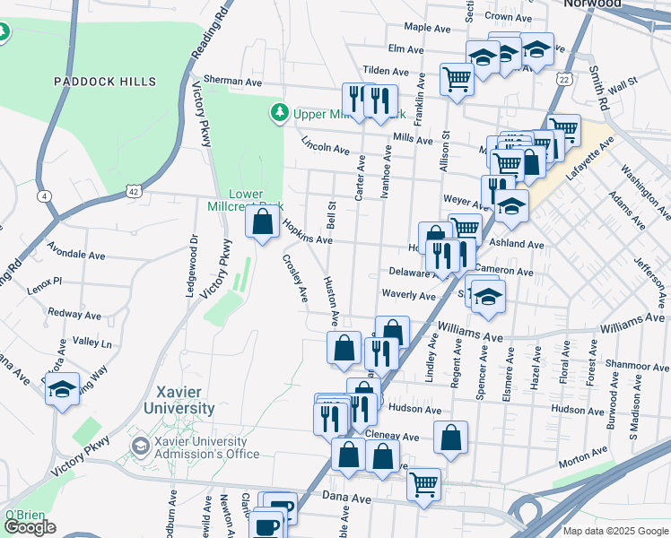 map of restaurants, bars, coffee shops, grocery stores, and more near 4106 Bell Street in Cincinnati