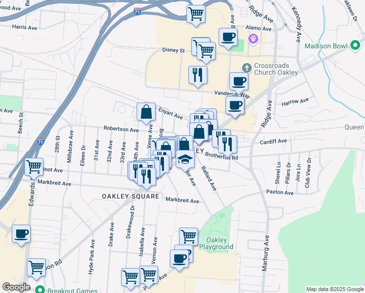 map of restaurants, bars, coffee shops, grocery stores, and more near 4213 Appleton Street in Cincinnati