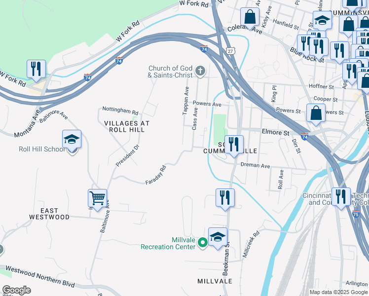 map of restaurants, bars, coffee shops, grocery stores, and more near 2028 Faraday Road in Cincinnati