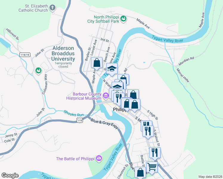 map of restaurants, bars, coffee shops, grocery stores, and more near 213 N Walnut St in Philippi
