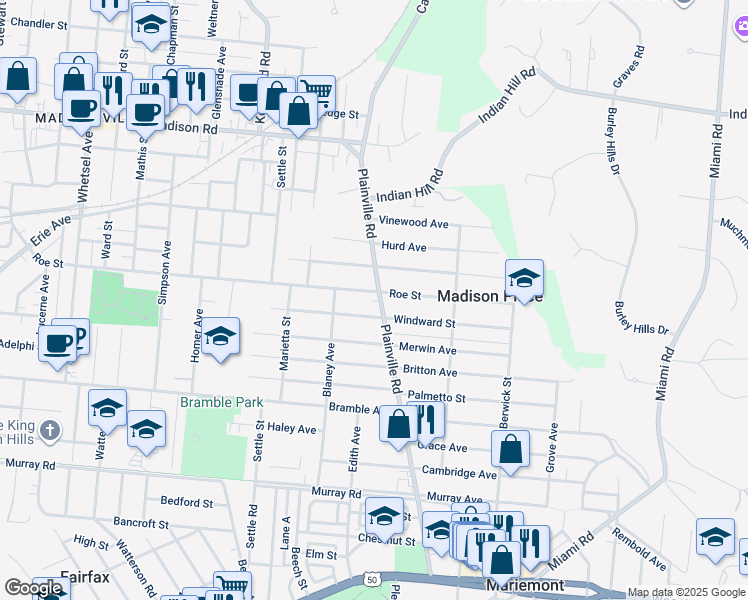 map of restaurants, bars, coffee shops, grocery stores, and more near 4535 Plainville Rd in Cincinnati