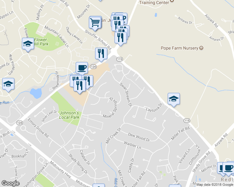 map of restaurants, bars, coffee shops, grocery stores, and more near 18220 Mulberry Court in Gaithersburg