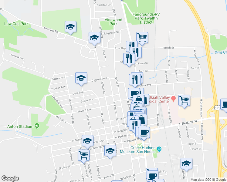 map of restaurants, bars, coffee shops, grocery stores, and more near 709 North Pine Street in Ukiah