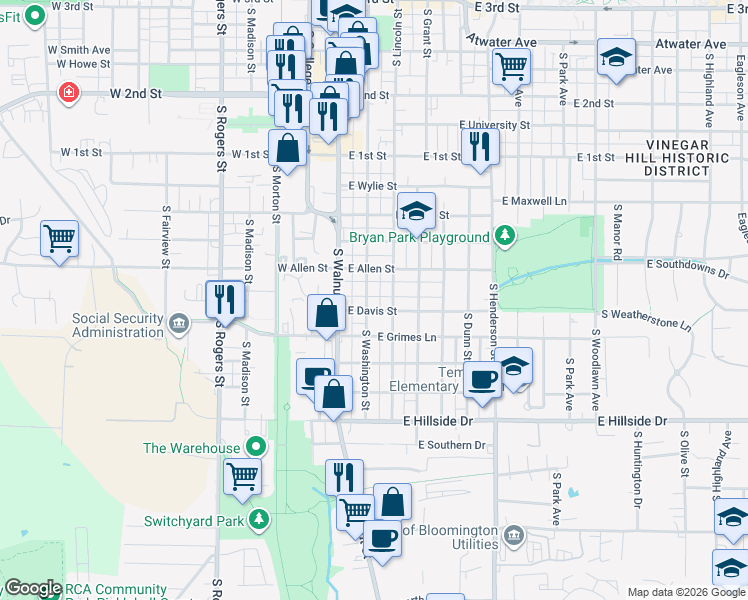 map of restaurants, bars, coffee shops, grocery stores, and more near 1011 South Washington Street in Bloomington