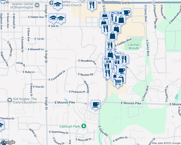 map of restaurants, bars, coffee shops, grocery stores, and more near 2513 E Rechter Rd in Bloomington