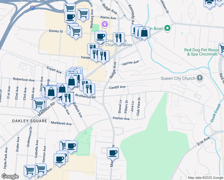 map of restaurants, bars, coffee shops, grocery stores, and more near 3423 Cardiff Avenue in Cincinnati
