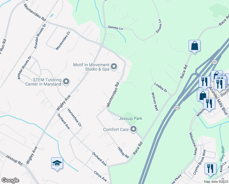 map of restaurants, bars, coffee shops, grocery stores, and more near 1874 Montevideo Road in Jessup