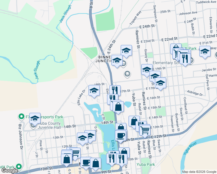 map of restaurants, bars, coffee shops, grocery stores, and more near 1725 Elm Street in Marysville