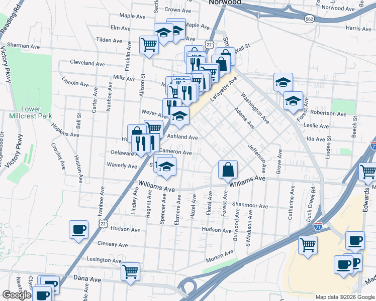 map of restaurants, bars, coffee shops, grocery stores, and more near 2164 Cameron Avenue in Norwood