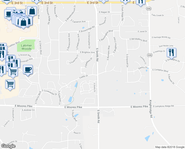 map of restaurants, bars, coffee shops, grocery stores, and more near Fields Drive in Bloomington