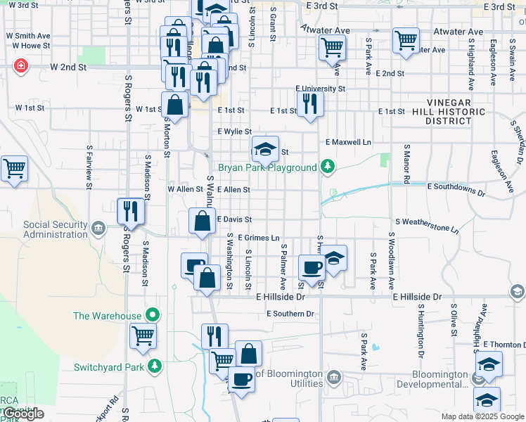 map of restaurants, bars, coffee shops, grocery stores, and more near 1022 South Grant Street in Bloomington