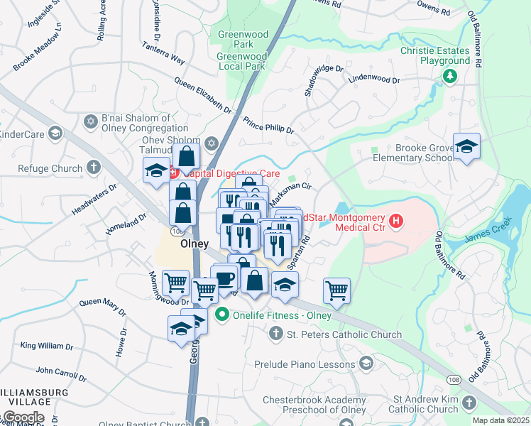map of restaurants, bars, coffee shops, grocery stores, and more near 18076 Marksman Circle in Olney