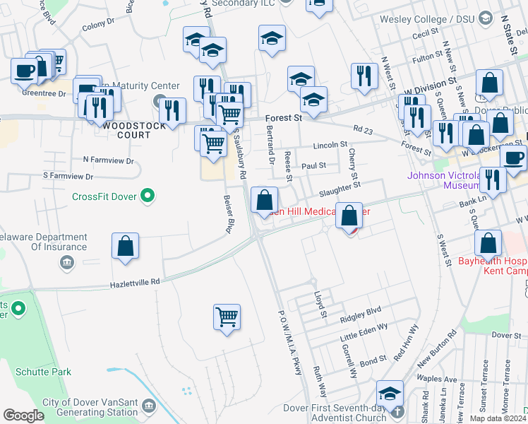 map of restaurants, bars, coffee shops, grocery stores, and more near 293 South Saulsbury Road in Dover