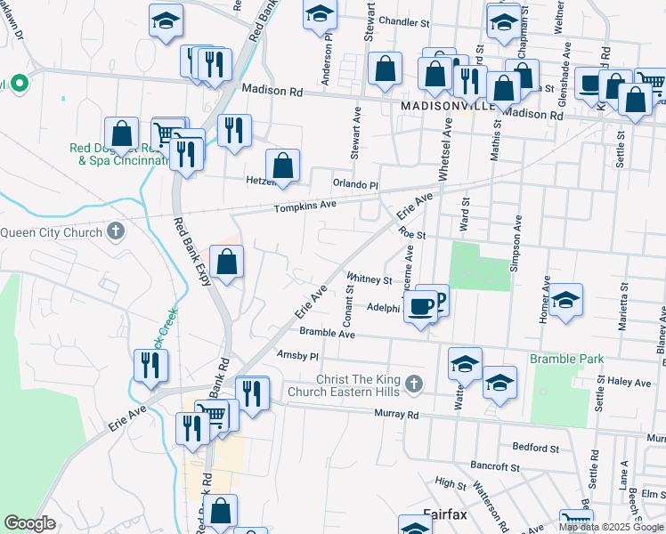 map of restaurants, bars, coffee shops, grocery stores, and more near 5652 Erie Avenue in Cincinnati