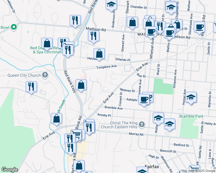 map of restaurants, bars, coffee shops, grocery stores, and more near 5630 Macey Avenue in Cincinnati
