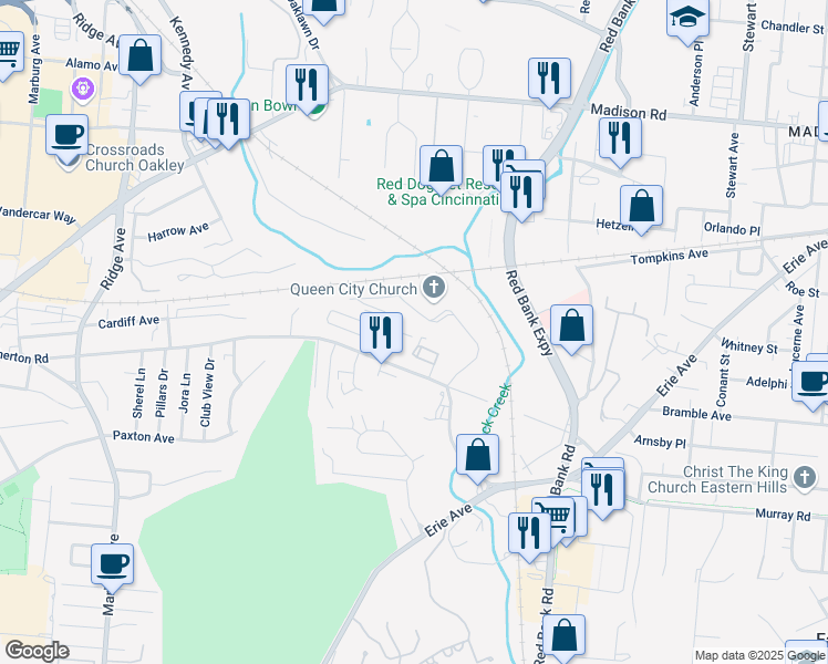 map of restaurants, bars, coffee shops, grocery stores, and more near 4220 Allendorf Drive in Cincinnati