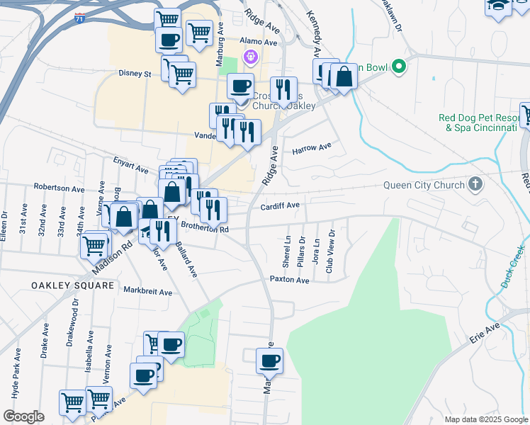 map of restaurants, bars, coffee shops, grocery stores, and more near 3423 Cardiff Avenue in Cincinnati