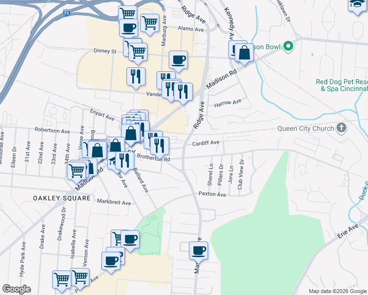 map of restaurants, bars, coffee shops, grocery stores, and more near 3349 Cardiff Avenue in Cincinnati