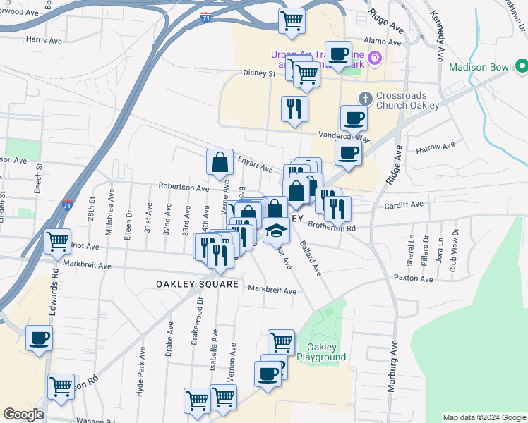 map of restaurants, bars, coffee shops, grocery stores, and more near 4213 Appleton Street in Cincinnati