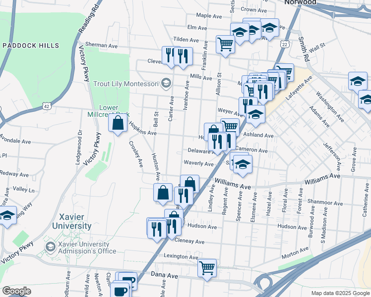 map of restaurants, bars, coffee shops, grocery stores, and more near 1922 Delaware Avenue in Norwood