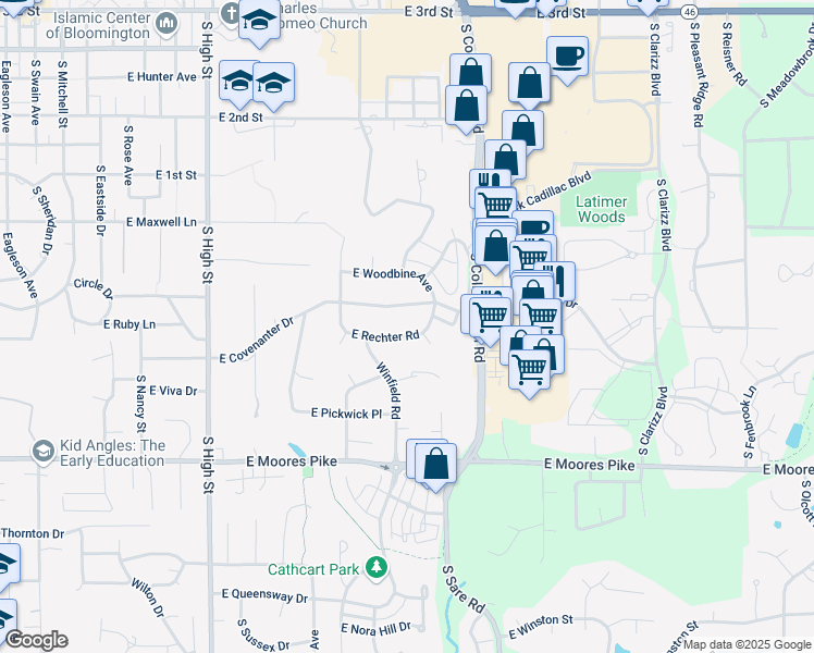 map of restaurants, bars, coffee shops, grocery stores, and more near 2513 E Rechter Rd in Bloomington