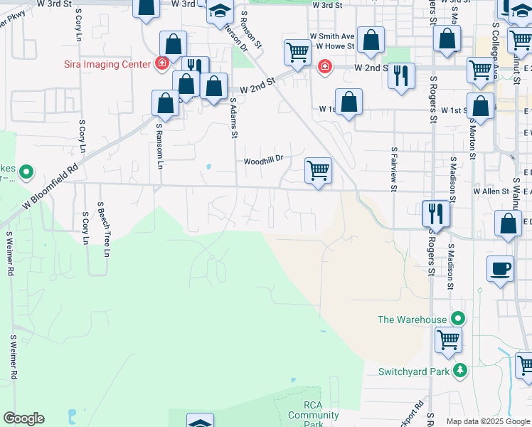 map of restaurants, bars, coffee shops, grocery stores, and more near 1377 West Allen Street in Bloomington