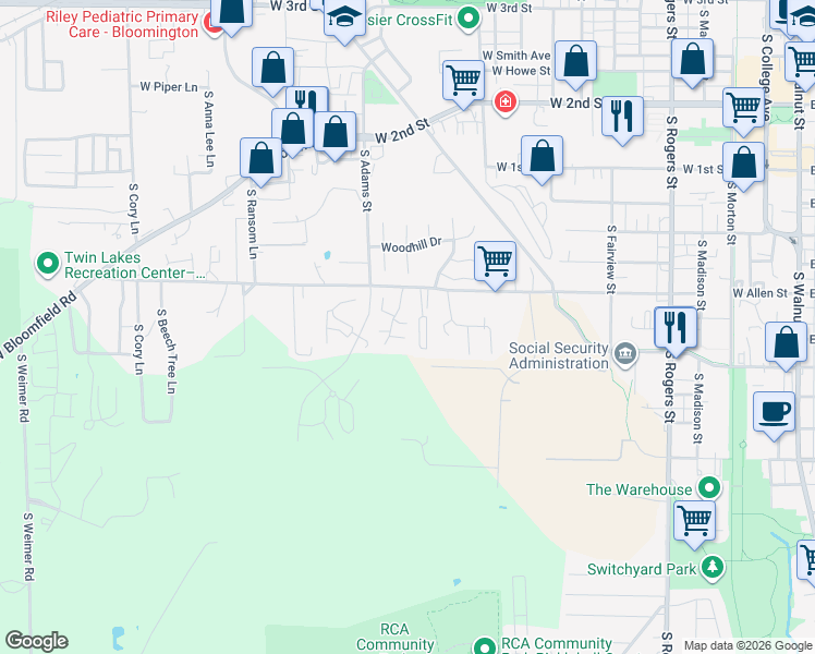 map of restaurants, bars, coffee shops, grocery stores, and more near 1377 West Allen Street in Bloomington